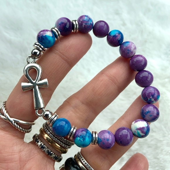 Purple blue snowflake jasper ankh cross bracelet - Picture 7 of 10